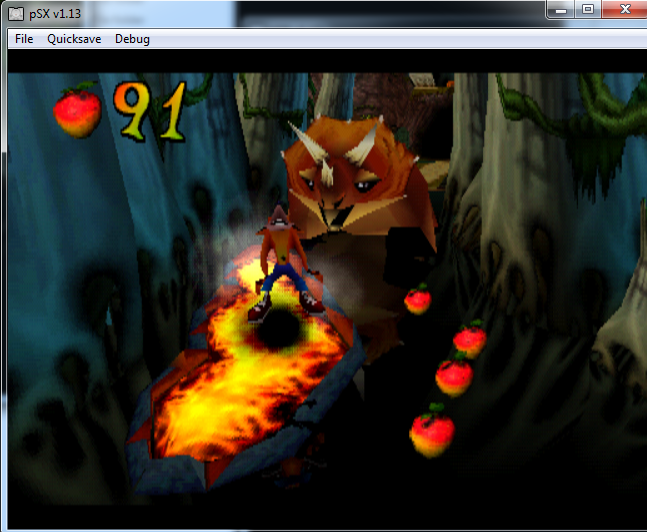 Getting your butt burnt by lava while being chased by a dinosaur is a pretty epic way to die! Screenshot from Crash Bandicoot 3